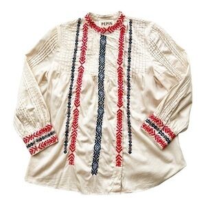 Anthropologie Pepin Long Sleeve Embroidered Top‎ Size Small